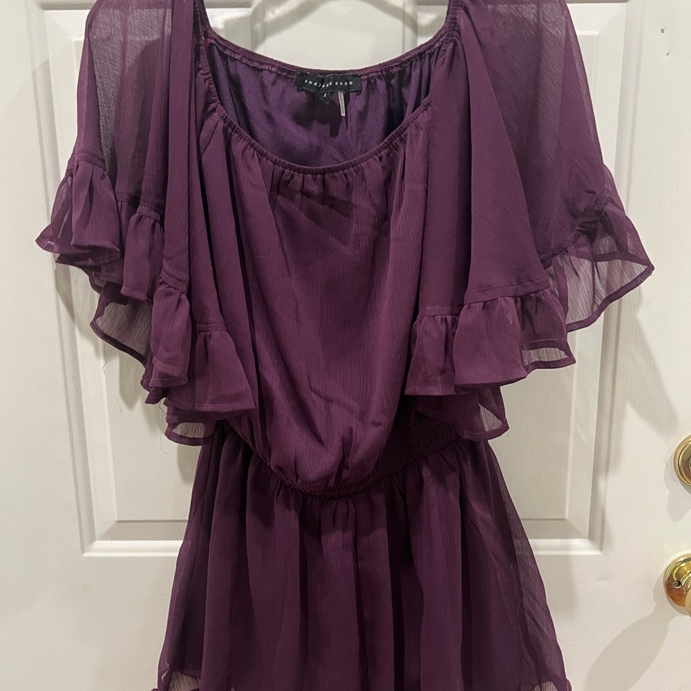 Endless Rose Deep Plum Ruffled Short Sleeve Tunic Romper - Picture 2 of 7